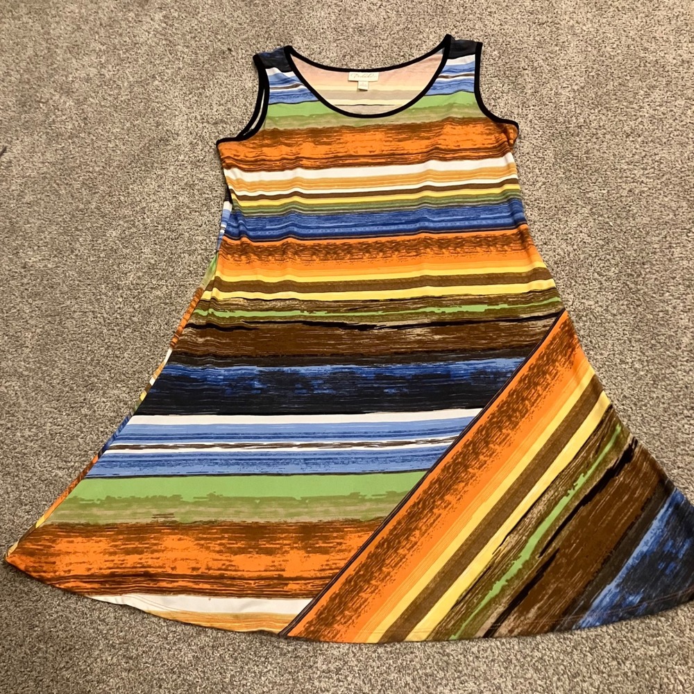 Prelude Womens L Sleeveless A-Line Dress Multicolor Striped Stretch Art to Wear